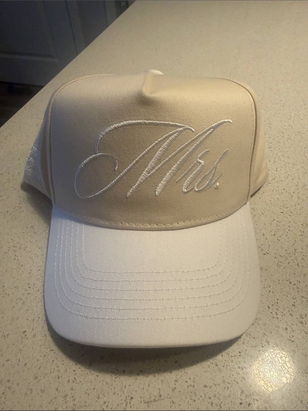 Ken Kustomz Mrs. Embroidered Beige and White Trucker Cap